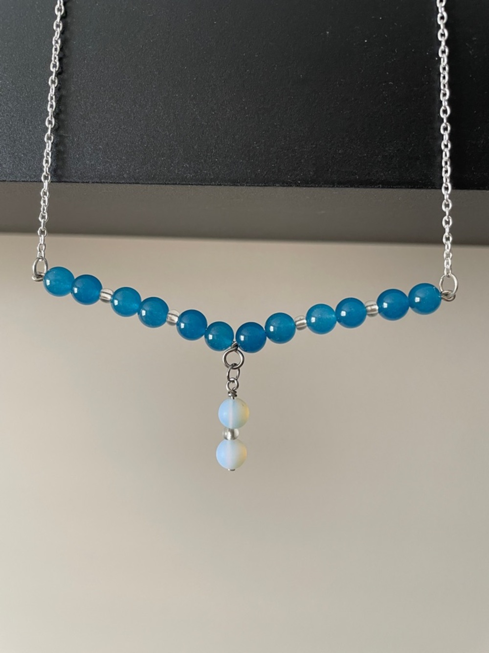 Delicate Steel blue jade gemstones with frosted opalite gemstone wire Necklace.
